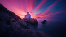 Beautiful seascape with church at sunset. Long exposure.