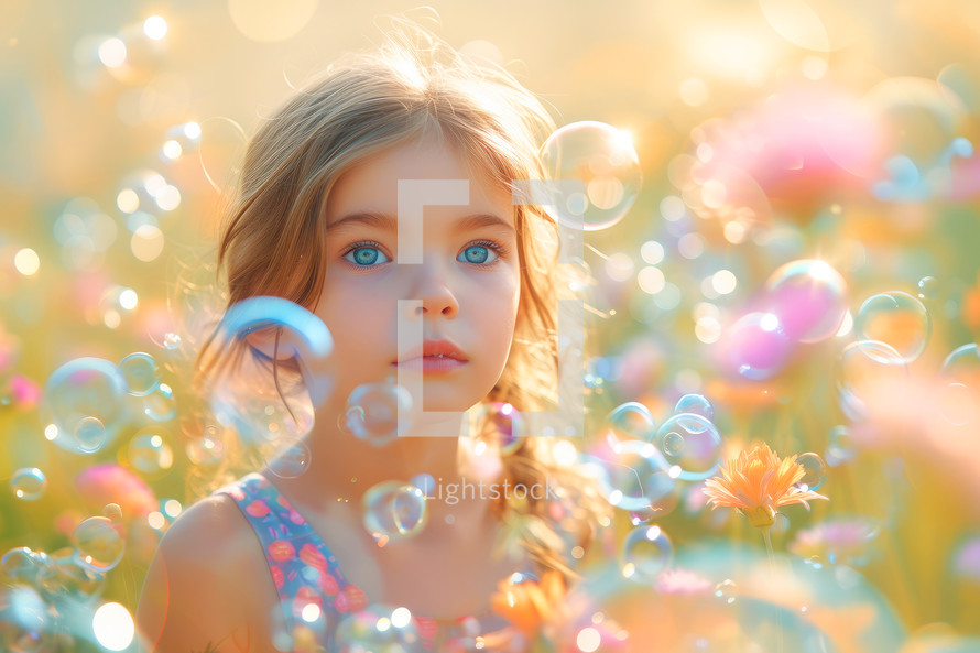 Cute little kid with soap bubbles in a field of flowers.