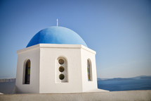 A Greek Orthodox church dome on the island of Santorini.