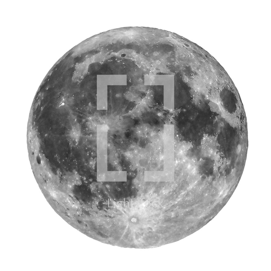 Full moon seen with a telescope from northern emisphere at night isolated over white