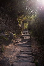 An old stone pathway next to a rock wall.