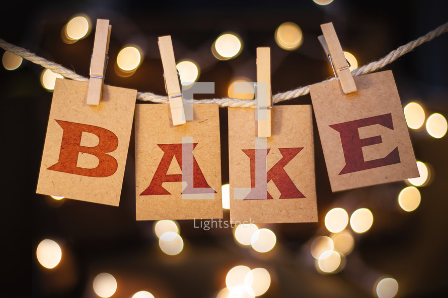 word bake hanging on clothes pins 