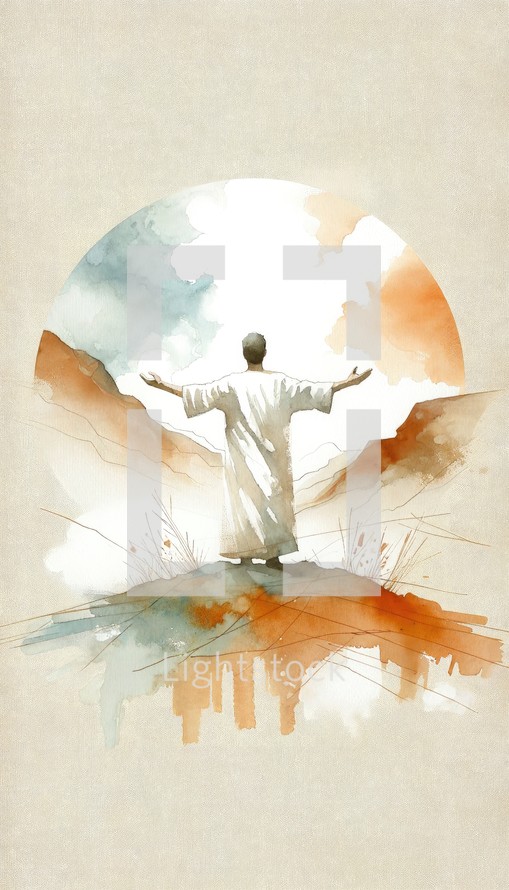 Man in worship on a background of the sun and clouds. Digital watercolor illustration.