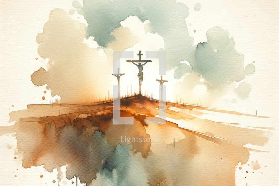 Crosses of Jesus Christ on the hill. Digital watercolor painting.