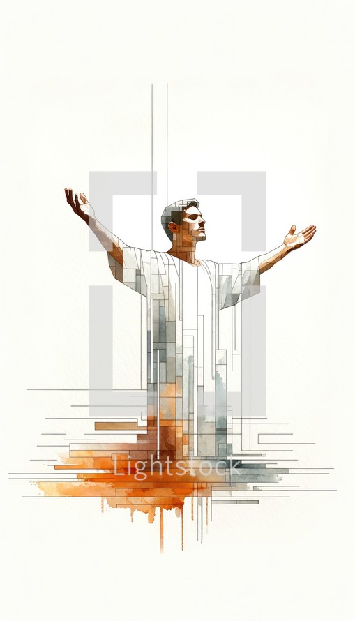 Digital composite illustration of a man in worship against white background.