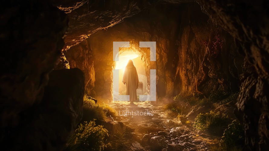 Resurrection. Silhouette of Jesus Christ in the burial cave at sunrise.
