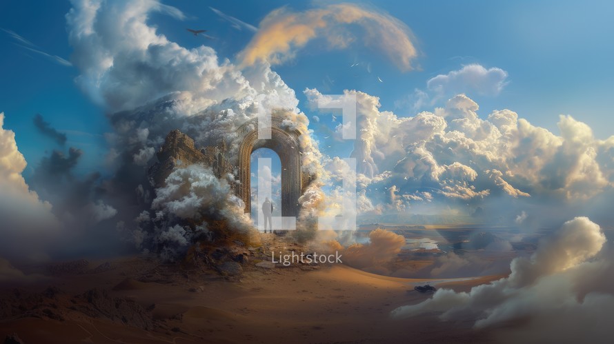  Gates of Heaven. Conceptual 3D illustration of man standing in the middle of the clouds, under an arch in the sky.