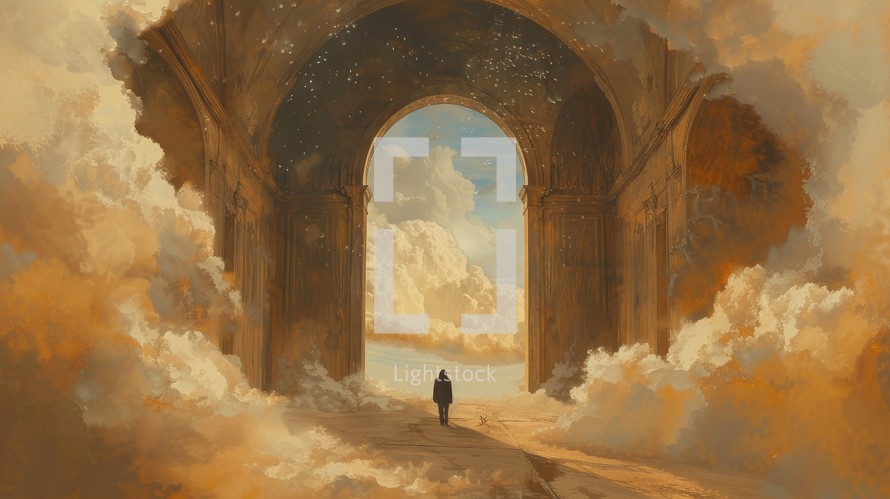 Gates of Heaven. Silhouette of a man in front of a big ancient arch leading to the sky.