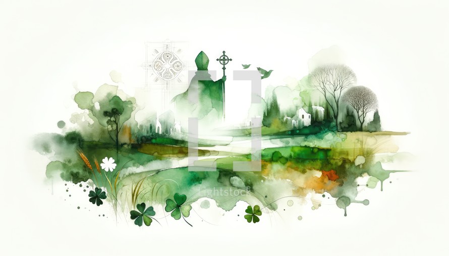 St. Patrick's Day. Green watercolor landscape with bishop silhouette, church and clover leaves. Vector illustration.