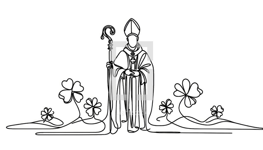 Saint Patrick's Day. Continuous line drawing of Saint Patrick and shamrocks. Vector illustration.