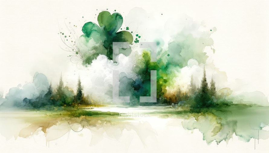 St. Patrick's Day. Shamrock and abstract splashes of green watercolor.