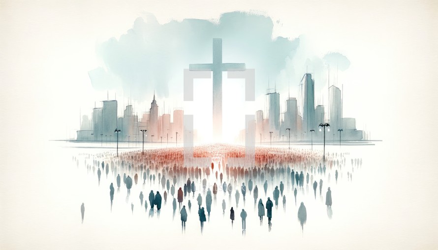 Cross in the city with silhouettes of people. Religious concept. Digital watercolor painting.