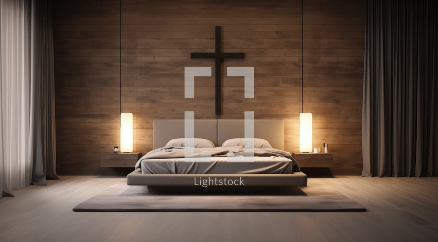 Interior of a modern bedroom with a wooden wall. Christian home interior. 