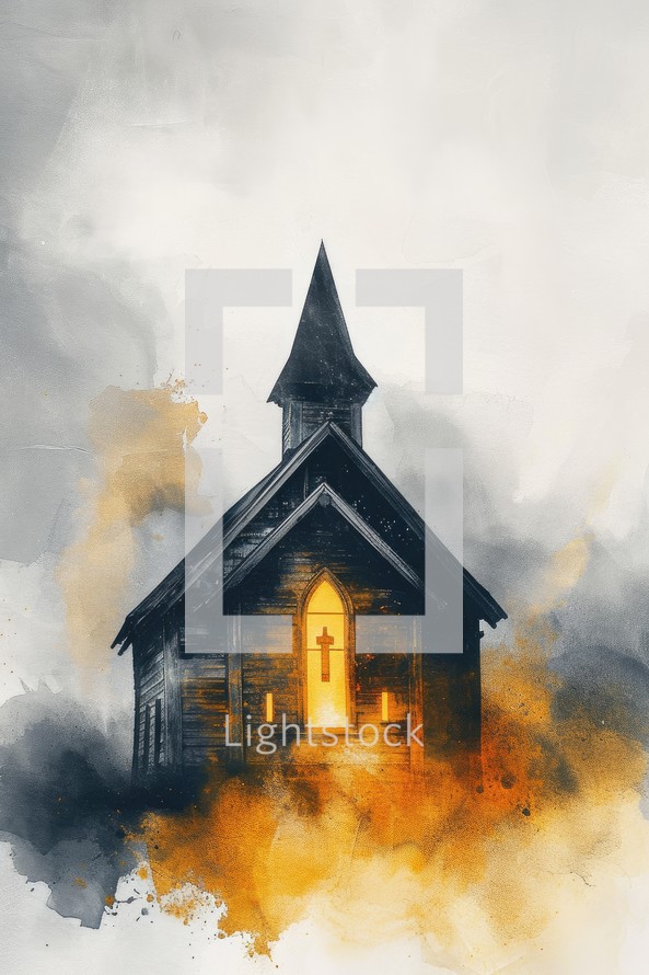 Church in the fog. Digital watercolor painting.