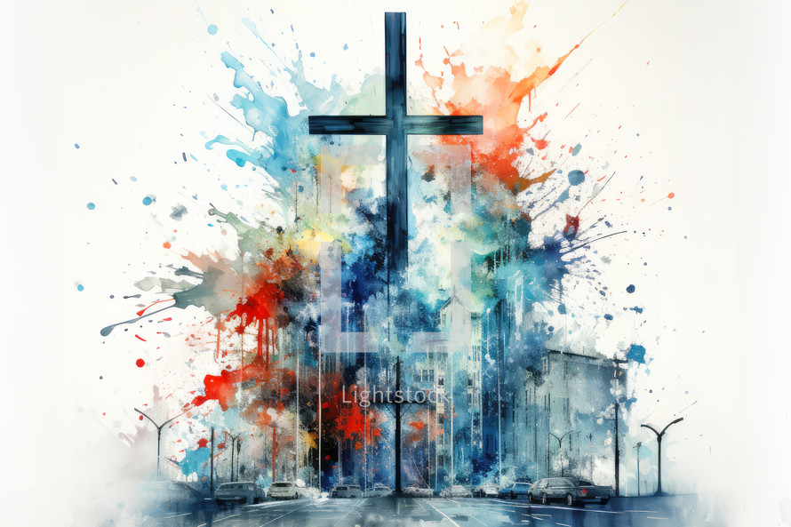 Cross over a cityscape with colorful watercolor splashes. Christian concept.