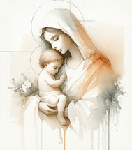 Motherhood. Mother with baby Jesus in her arms, digital illustration on neutral background.

