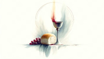 Eucharist. Corpus Christi. Chalice of wine with bread and grapes on a white background. Digital watercolor painting.

