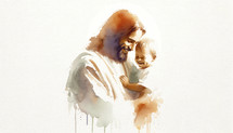 Digital painting of Jesus Christ with baby Jesus, smiling.