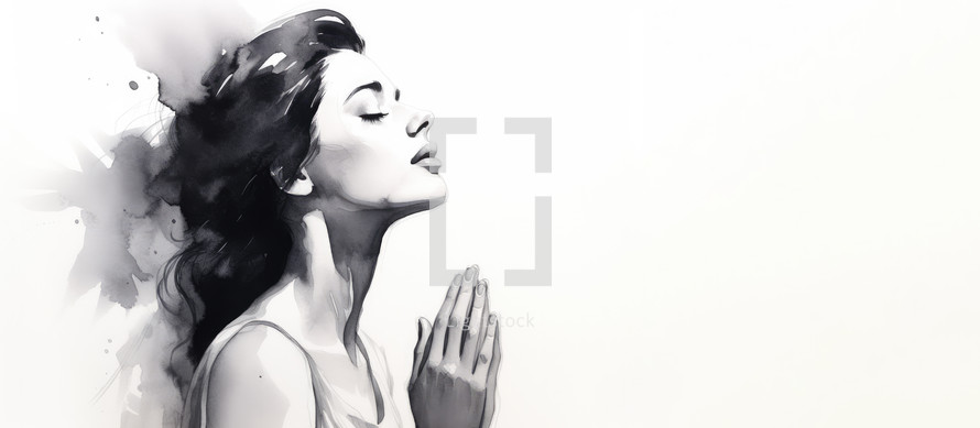Watercolor artwork of a woman praying with copy space