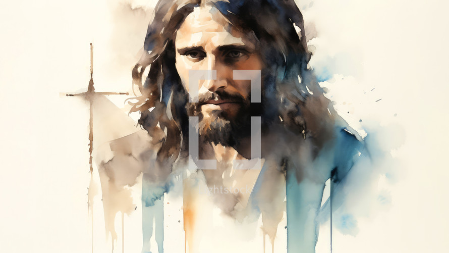 Watercolor portrait of Jesus Christ with Cross