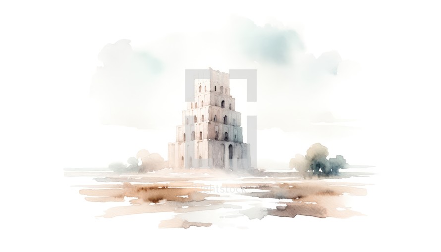 The Tower of Babel. Old Testament. Watercolor Biblical Illustration