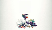 Eucharist. Corpus Christi. Wine chalice and grapes on a white background. Copy space. Digital watercolor painting.

