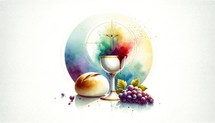 Eucharist. Christian symbols. Wineglass, bread, grapes and wine. Watercolor style.

