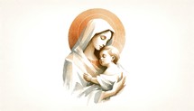 Motherhood. Mother Mary with baby Jesus, digital drawn illustration on neutral background.

