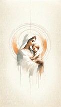 Motherhood. Digital drawn illustration of Mary with baby Jesus in the hands on a neutral background.

