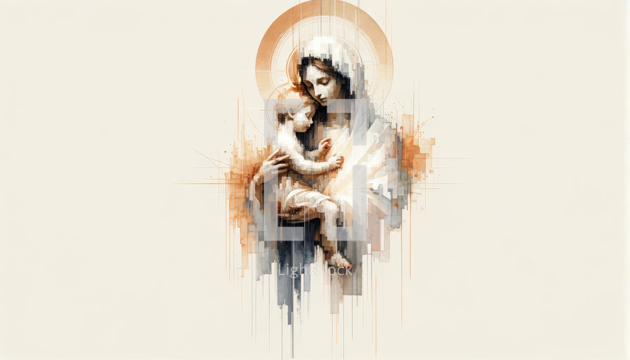 Motherhood. Mother Mary with baby Jesus in her arms, digital watercolor painting. Soft toned.

