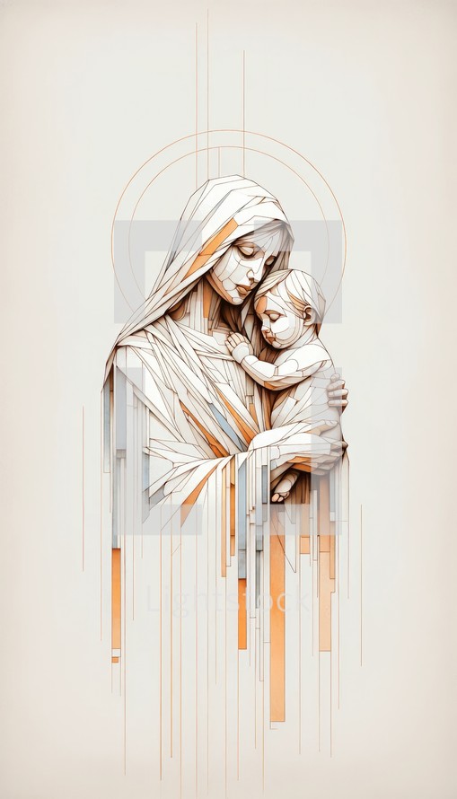 Motherhood. The image of the virgin Mary with her baby Jesus in her arms. Digital illustration.

