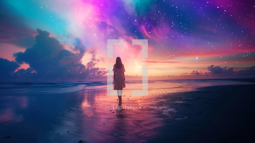  Silhouette of a woman on the beach staring at the dreamy colorful sky.