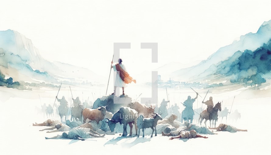 The King David defeats the Jebusites to win Jerusalem. Old Testament. Watercolor Biblical Illustration