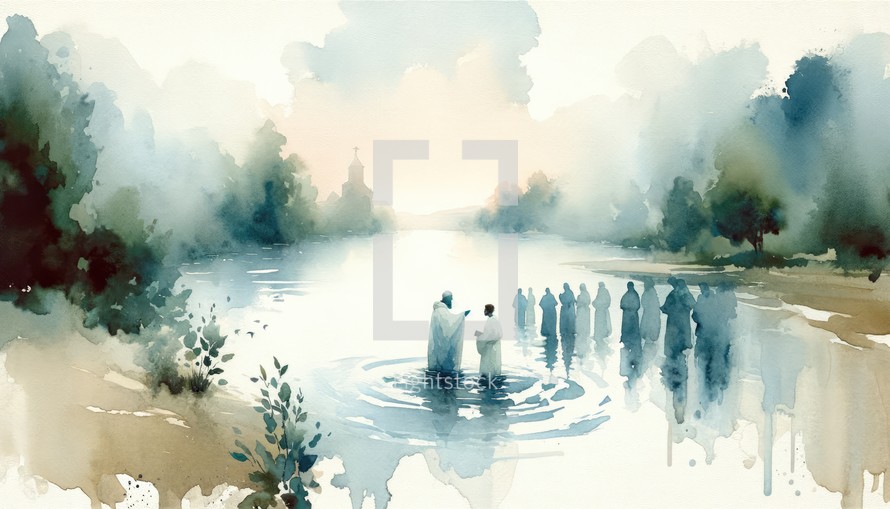 Watercolor painting of a river baptism