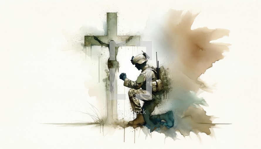 Christian soldier praying with cross in the background. Christian concept. Digital painting.