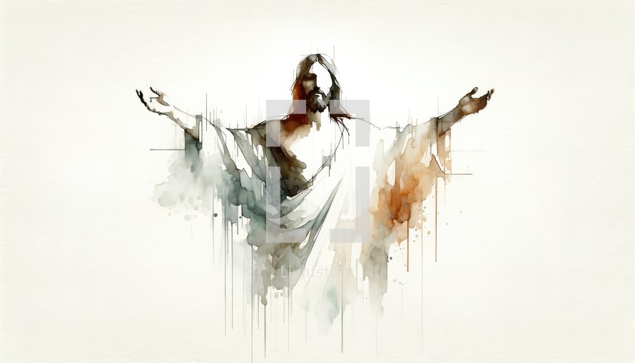 Jesus Christ with hands raised in the air, watercolor illustration.