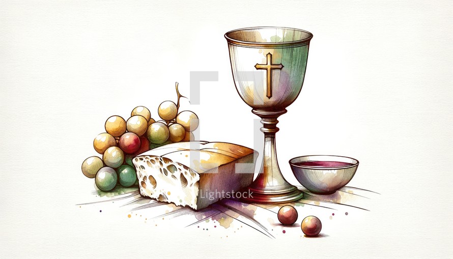 Eucharist. Corpus Christi. Holy communion with bread, wine, chalice and grapes. Digital illustration.

