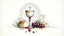 Eucharist. Corpus Christi. Sacred communion. Digital illustration of chalice, bread and grapes.

