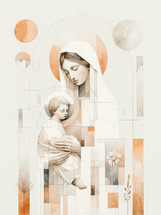Motherhood. Digital illustration of mother Mary and her baby Jesus Christ with abstract design background. Digital illustration. Soft tone.

