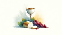 Eucharist. Corpus Christi. Sacred chalice with wine, grapes and bread on watercolor background. Digital watercolor painting.

