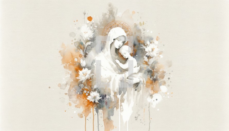 Mother Mary with baby Jesus in her arms, surrounded by flowers decorations on neutral background. Digital watercolor painting.

