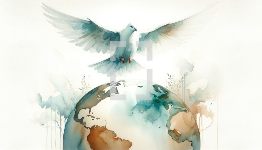 Dove flying over the Earth. Watercolor digital painting.