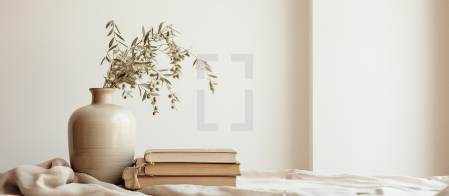 Home interior. Vase with dried olive branches and books on white table