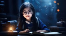 Portrait of little girl reading a book while sitting in the library at night