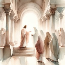 Ministry of Jesus. Jesus preaching standing in front of the synagogue. Digital watercolor painting