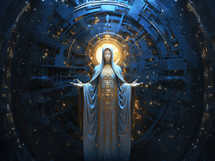 3d rendering of Mother Mary on abstract technology digital background.