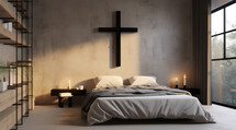 Christian home interior. Bedroom interior design with wooden cross on the wall.