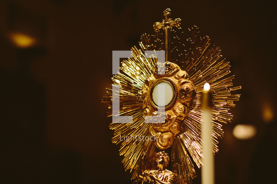 Monstrance in a Catholic church during Eucharist adoration 