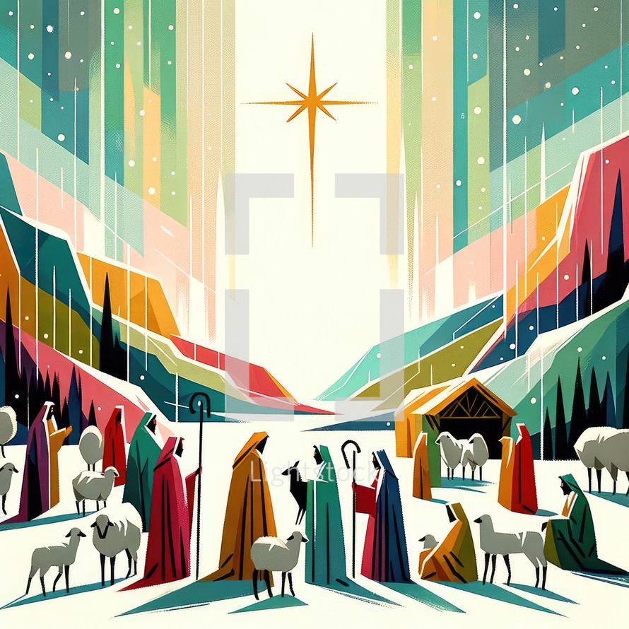 Christmas Nativity Scene. The shepherds visiting Jesus. Colorful artwork
