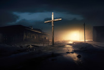 Horrors of war. Wooden cross in the middle of a destroyed village at night. 